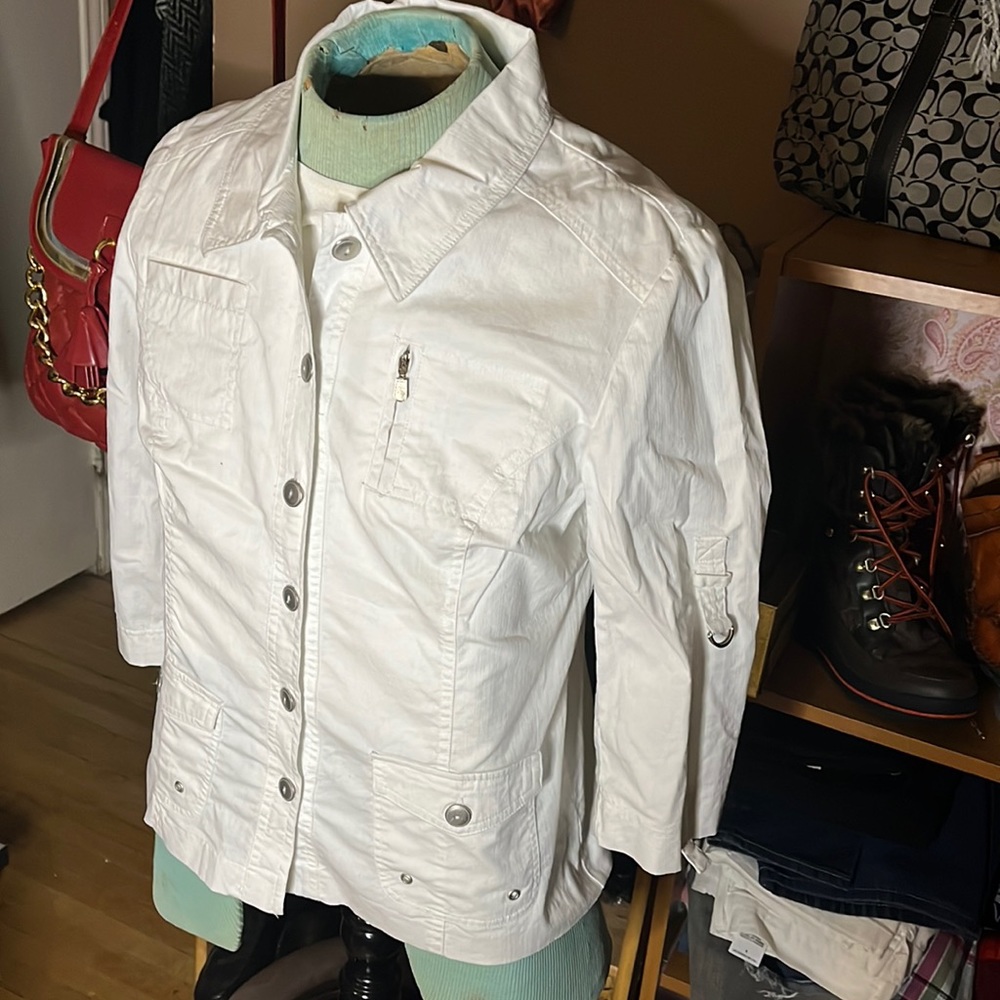 😄lindor Petite white cotton blend shacket coat 10